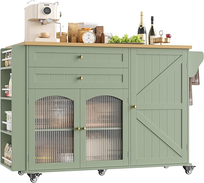 Rolling Kitchen Island with Drop Leaf Countertop & Storage