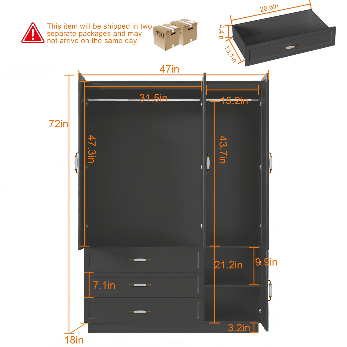 AXCIGOC 72" Armoire Wardrobe Closet with 3 Door Wooden Bedroom Armoire with LED Light 3 Drawers Large Modern Wardrobe Cabinet with Retro Ceramic Door Handles and Removable Hanging Rod Black