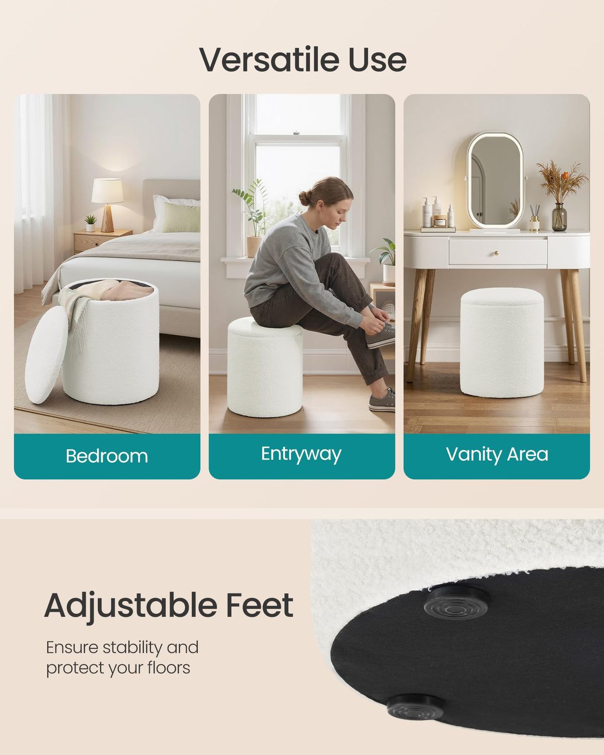 SONGMICS Vanity Stool, Set of 2, Round Storage Ottoman, Teddy Fleece