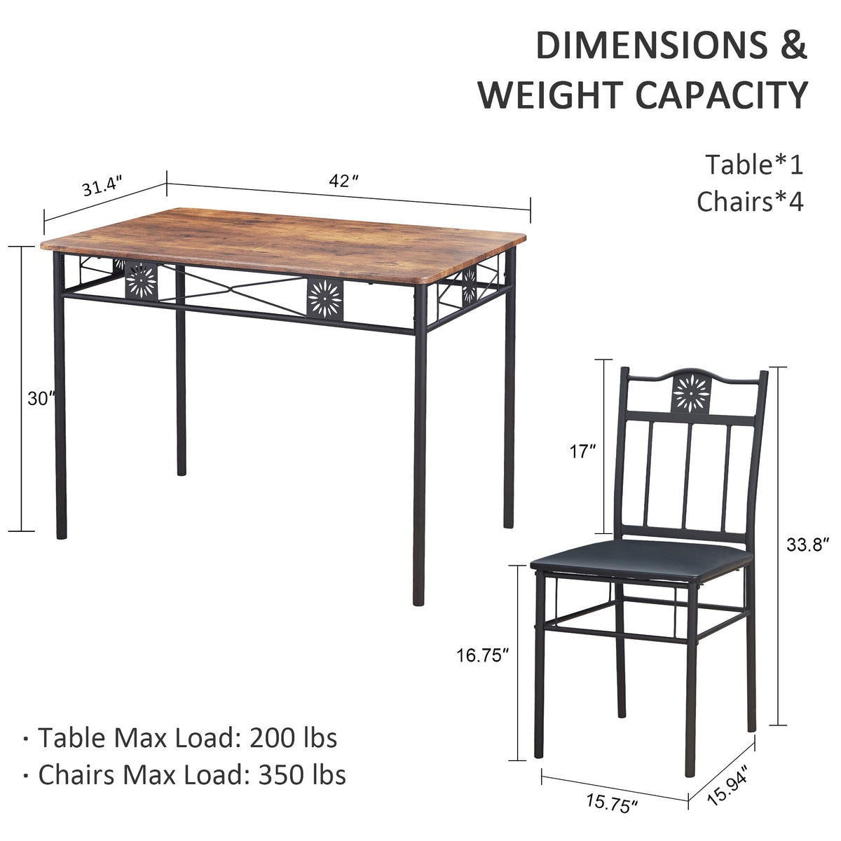 VECELO Kitchen Dining Room Table Sets for 4, 5 Piece Wood Rectangular Breakfast Nook, Dinette with PU Padded Chairs, Brown