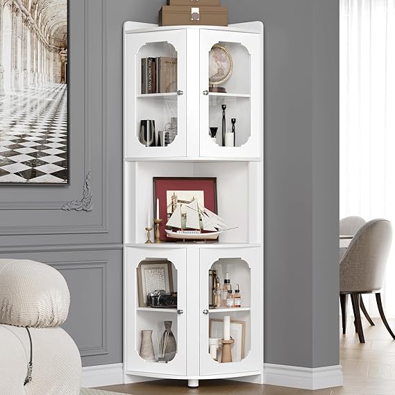Corner Storage Cabinet 69" Tall | 5-Tier Shelves & Glass Doors