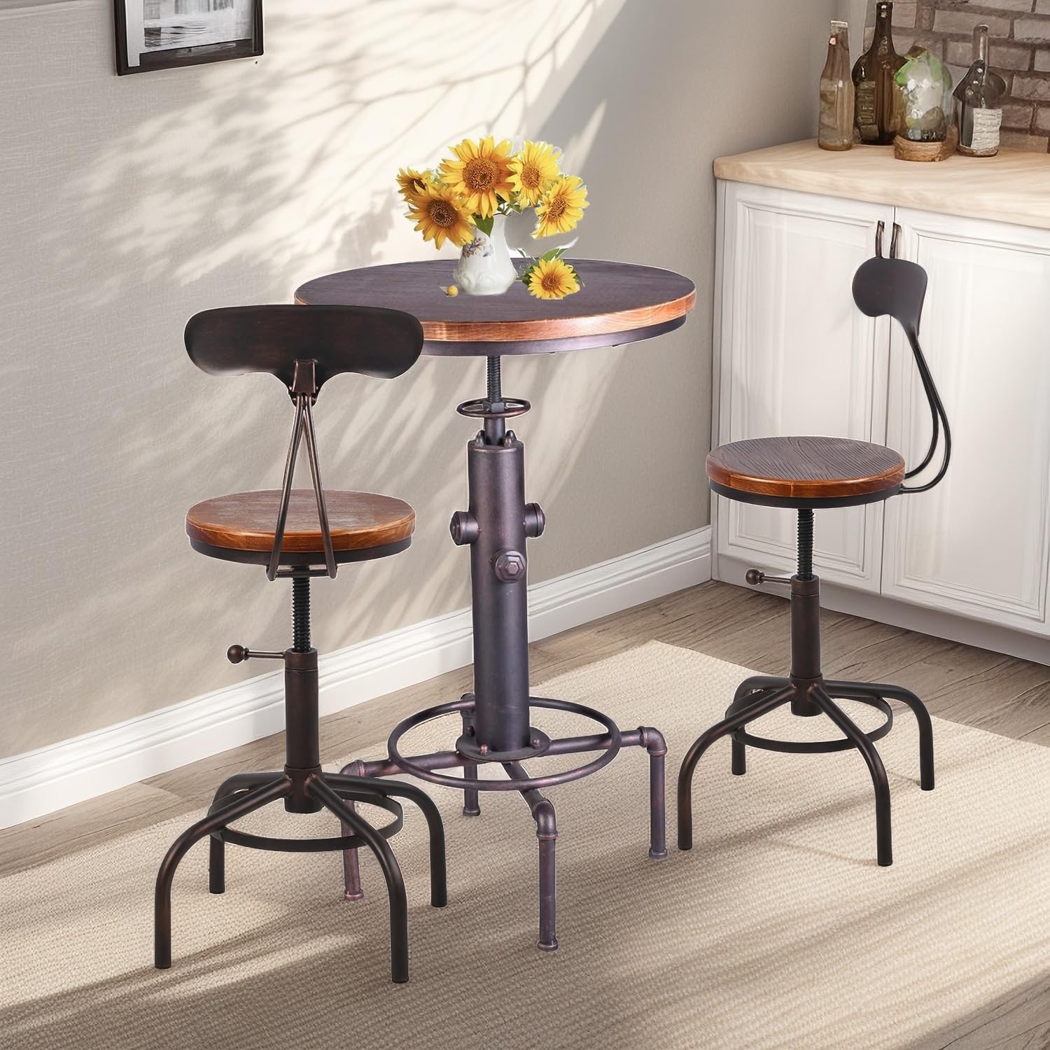 Topower 3 Piece Pub Table and Stool Set Round Bar Table Adjustable Height Coffee Table Farmhouse Counter Height Bar Stools with Backrest Copper 1 Table + 2 Stools