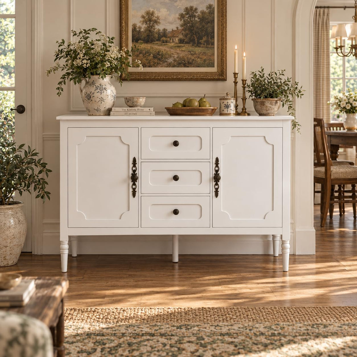 SILKYDRY Buffet Cabinet, 47" Vintage Sideboard w/Adjustable Shelves(White)