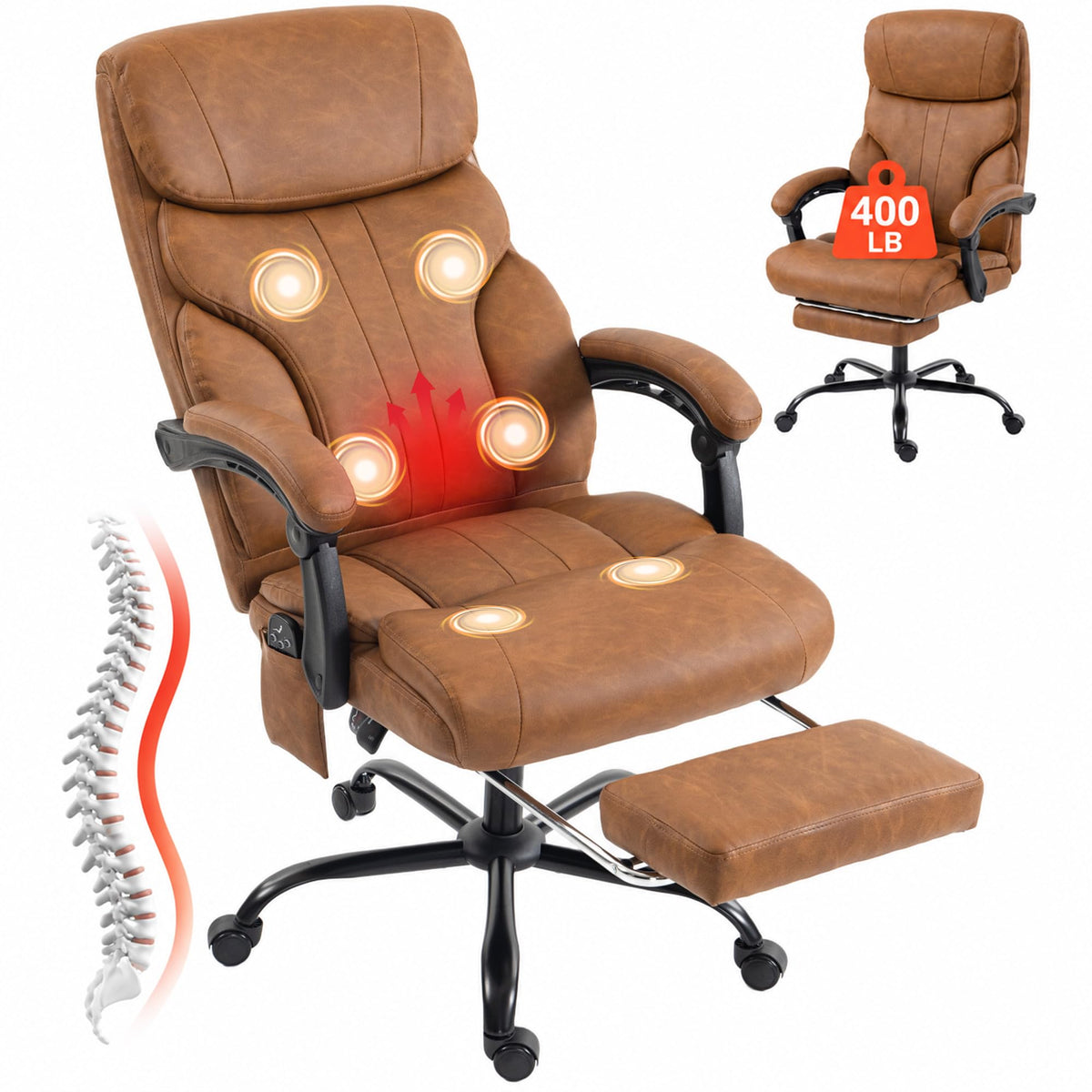 HOMCOM Massage Office Chair with Footrest, 6-Point Vibration, Heat, Brown