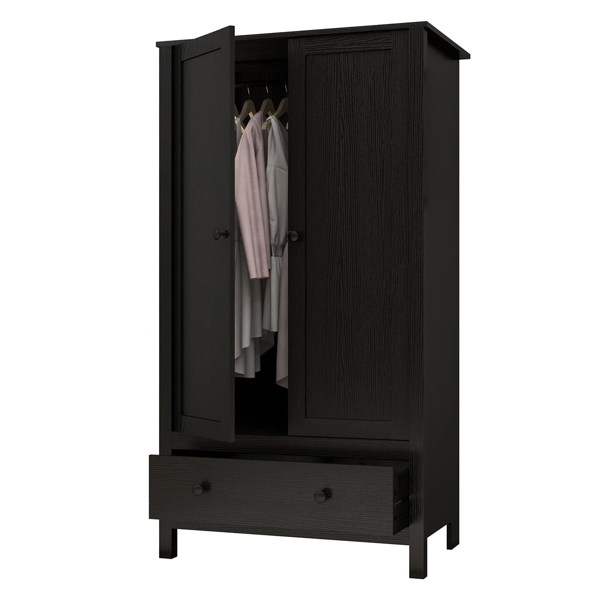 Panana 2 Door Wardrobe, Armoire with Drawer for Bedroom (Black)