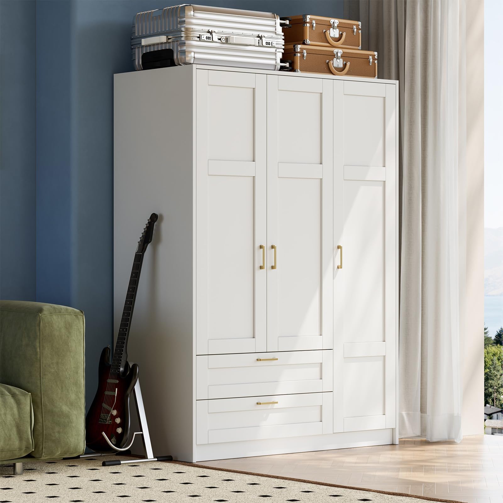 PeakPursuit Wooden Wardr.obe Closet Arm.oire, Freestanding Ward.Robe with 3 Doors, 2 Drawers for Hanging Clothes, Bedroom Large Capacity Freestanding Arm.oire
