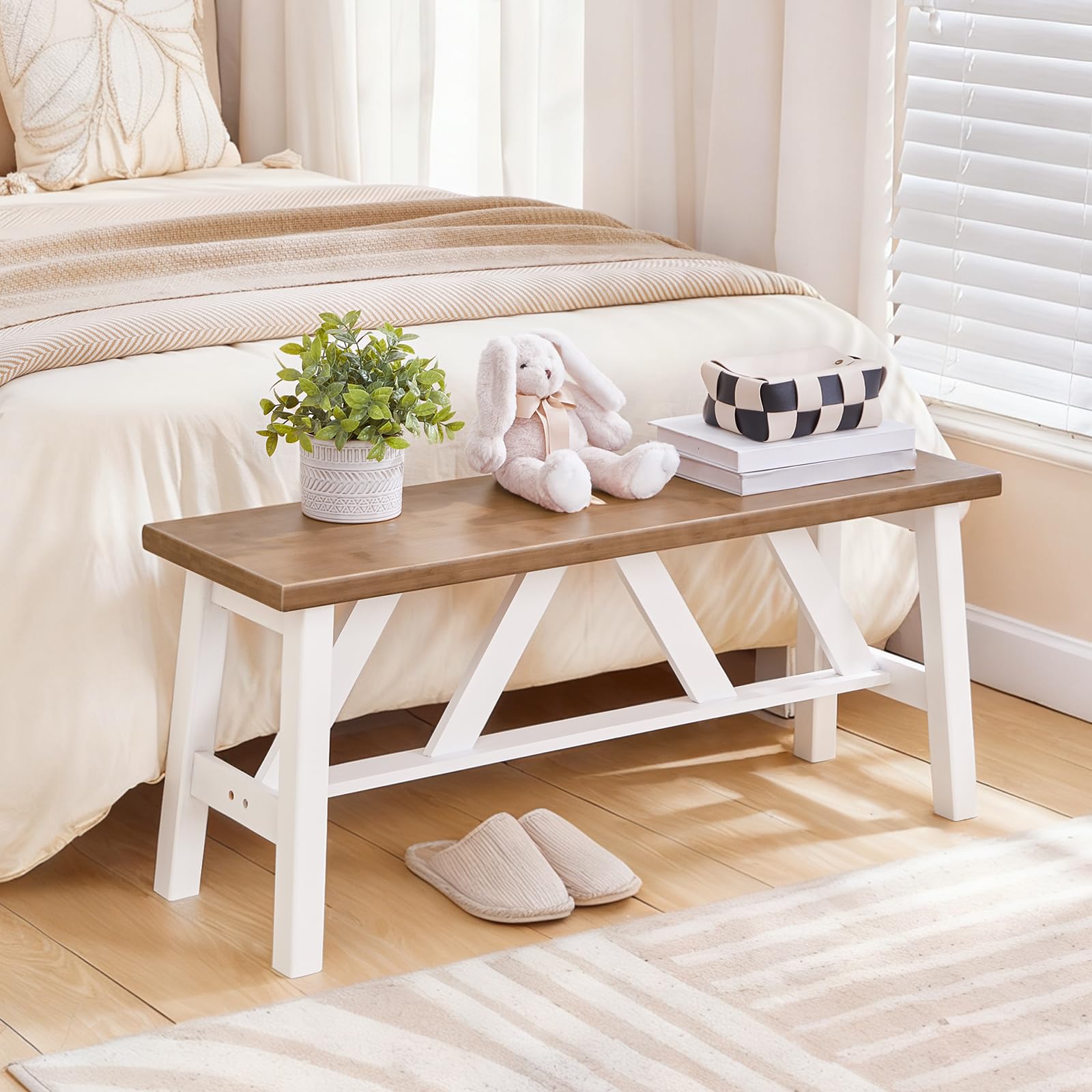 Bamboo Dining Bench 39.4" | Farmhouse Style | Walnut & White