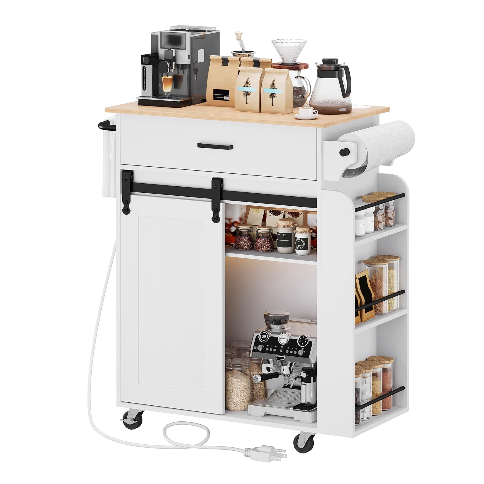 YATINEY Kitchen Island with Storage, Mobile Kitchen Cart with Charging Station, Kitchen Island on Wheels, Rolling Island Table with Sliding Cabinet Door, White and Natural ZD01UWN