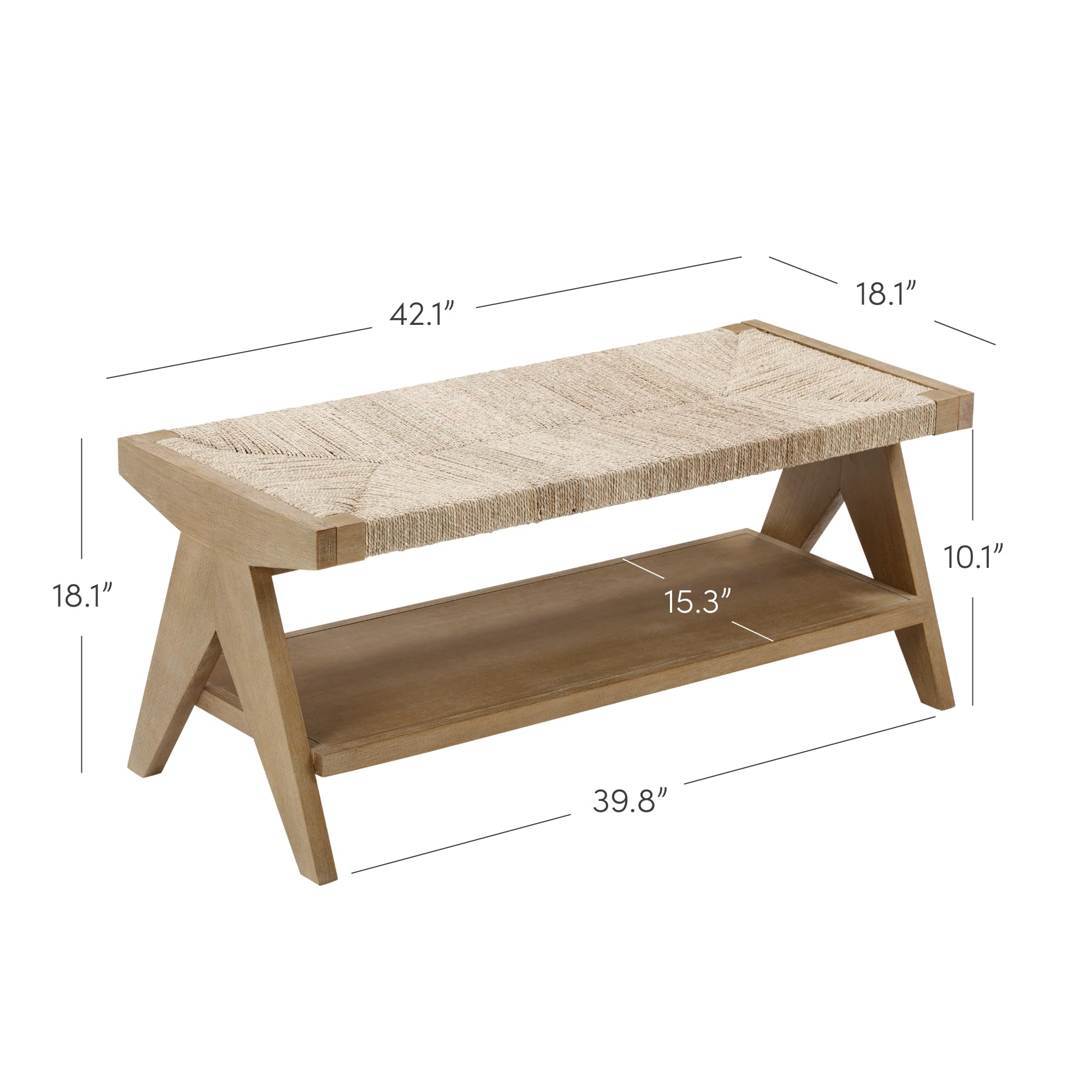 Nathan James Beacon Bohemian Bench Seat with Shoe Storage, Seagrass Entryway or End of Bed Bench with Solid Wood Frame, Brushed Light Brown
