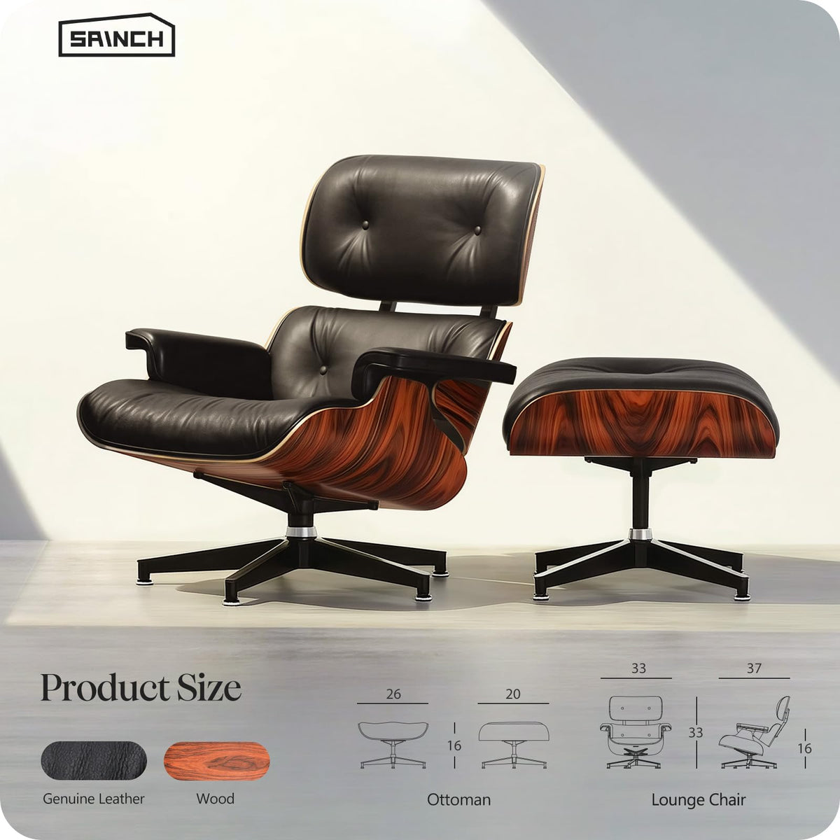 SAINCH Tumbled Top-Grain Cowhide Leather Chaise Lounge Chair with Ottoman