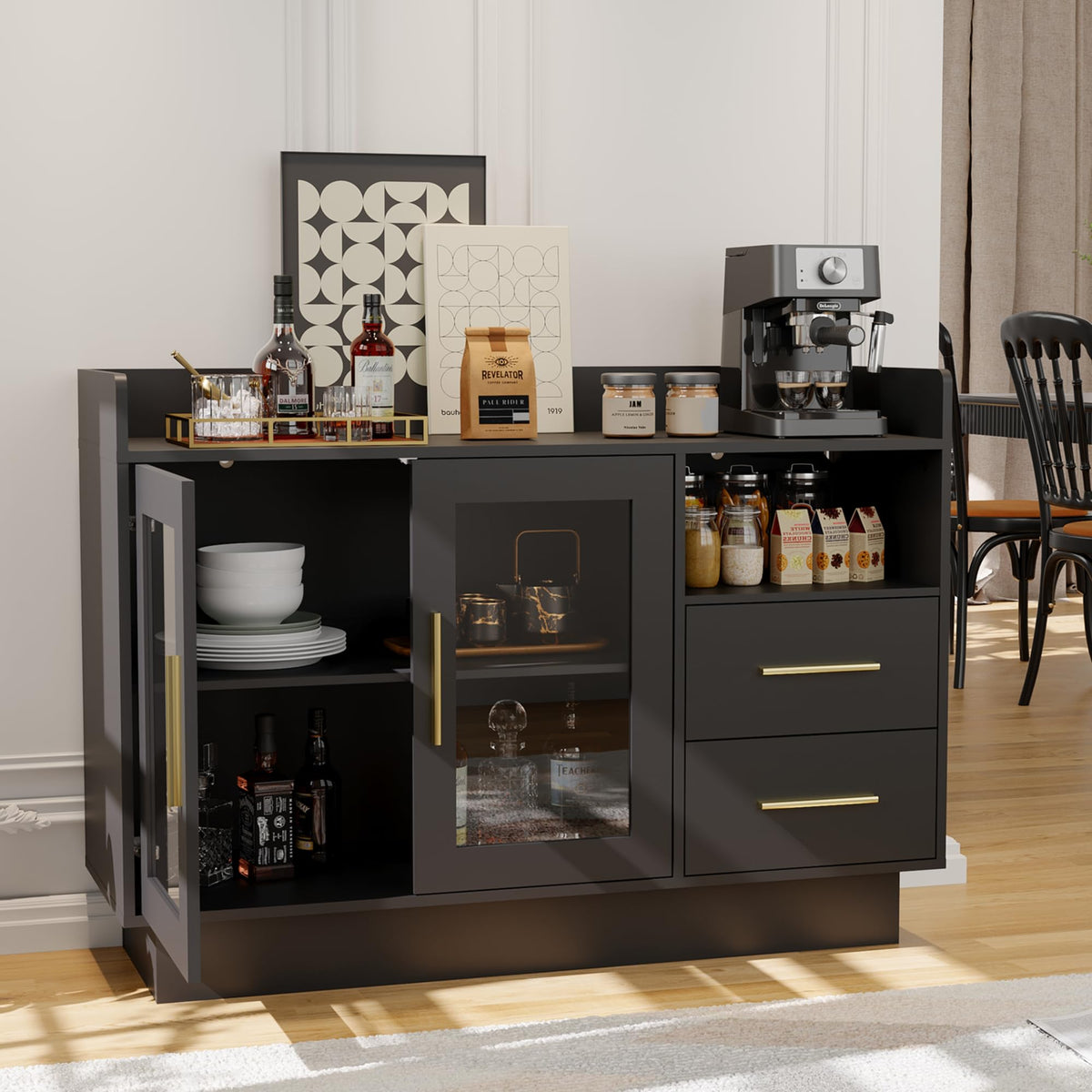 Wine Cabinet - 47.24'' Coffee Bar Station with LED Lights,High-Load-Bearing Capacity Liquor Cabinet with Drawers,Durable Double Glass Doors & Anti-Tipping Design,for Kitchen, Living Room, Dining Room