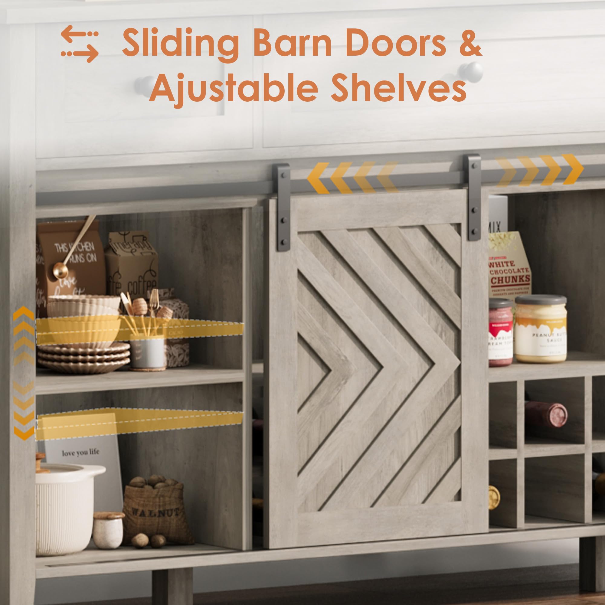 CABIHOME Farmhouse 47.2'' Buffet Cabinet with Sliding Barn Door, 33.4'' Tall Wood Rustic Sideboard with 3 Drawer, Adjustable Shelf and Removable Wine Rack (Vintage, 59'')