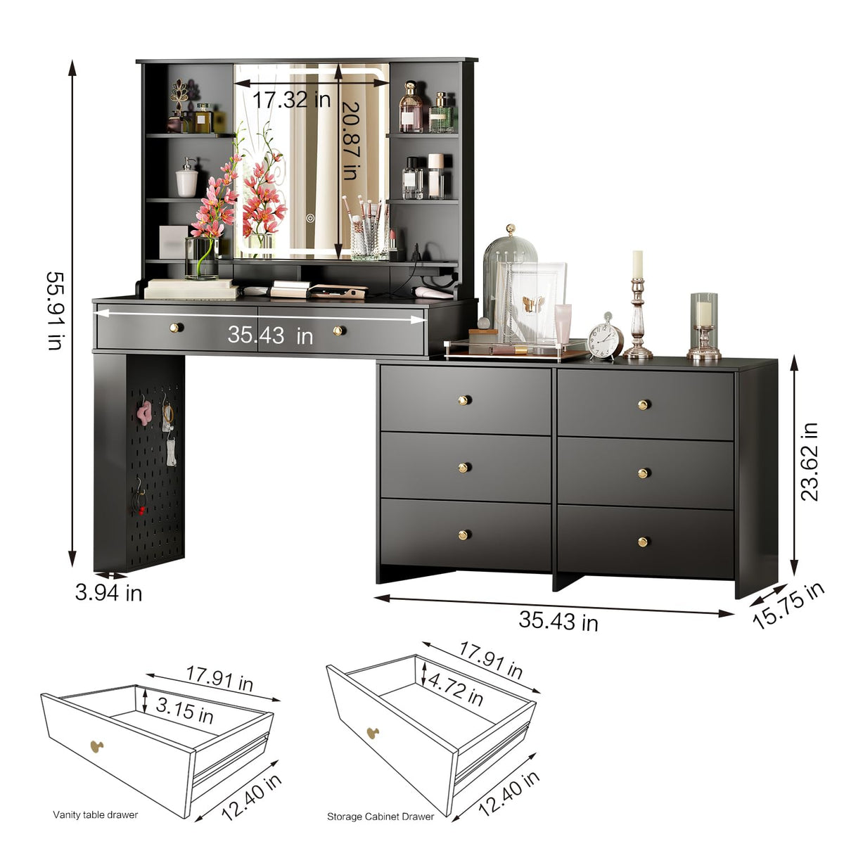 55.91“Makeup Vanity Desk with Mirror and Lights, Vanity Desk with 8 Drawers & Storage Shelves, Vanity Table with Power Outlet, 3 Color Modes & Adjustable Brightness Dressing Table, Bedroom,Black