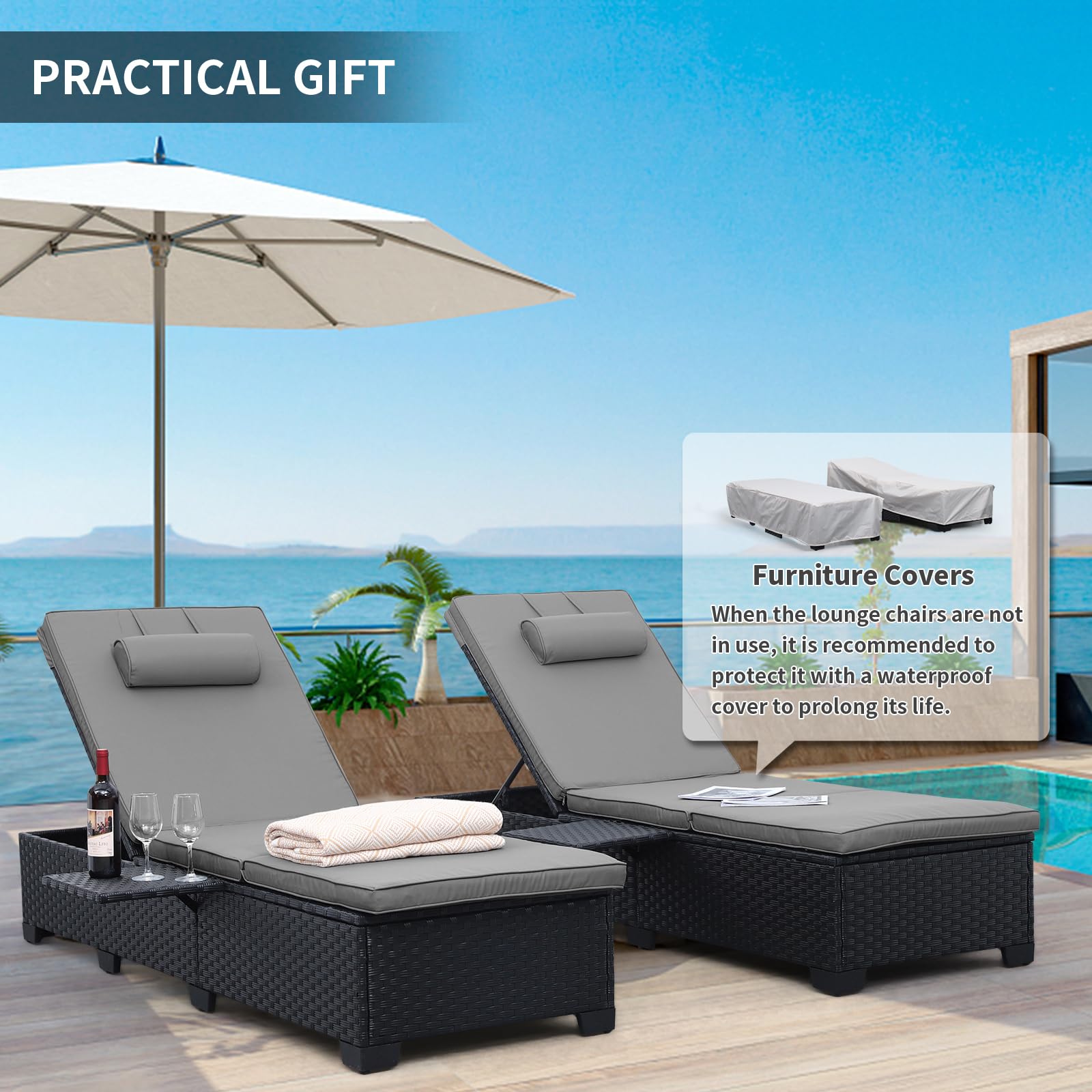 Outdoor Wicker Chaise Lounge Set of 2 with Cushions & Side Shelf