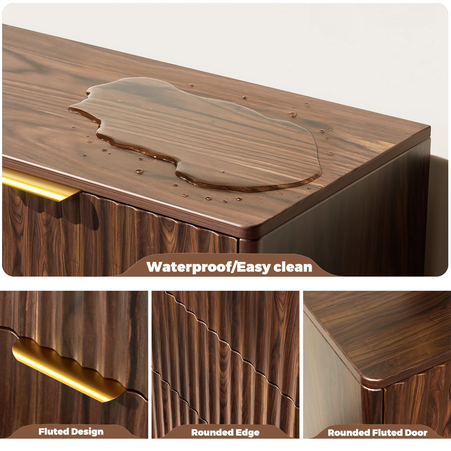 Modern 6 Drawer Dresser, Walnut, Fluted Wave Design, Rounded Corners, Mid Century Dresser TV Stand, 48" Wide Chest of Drawers for Bedroom and Living Room
