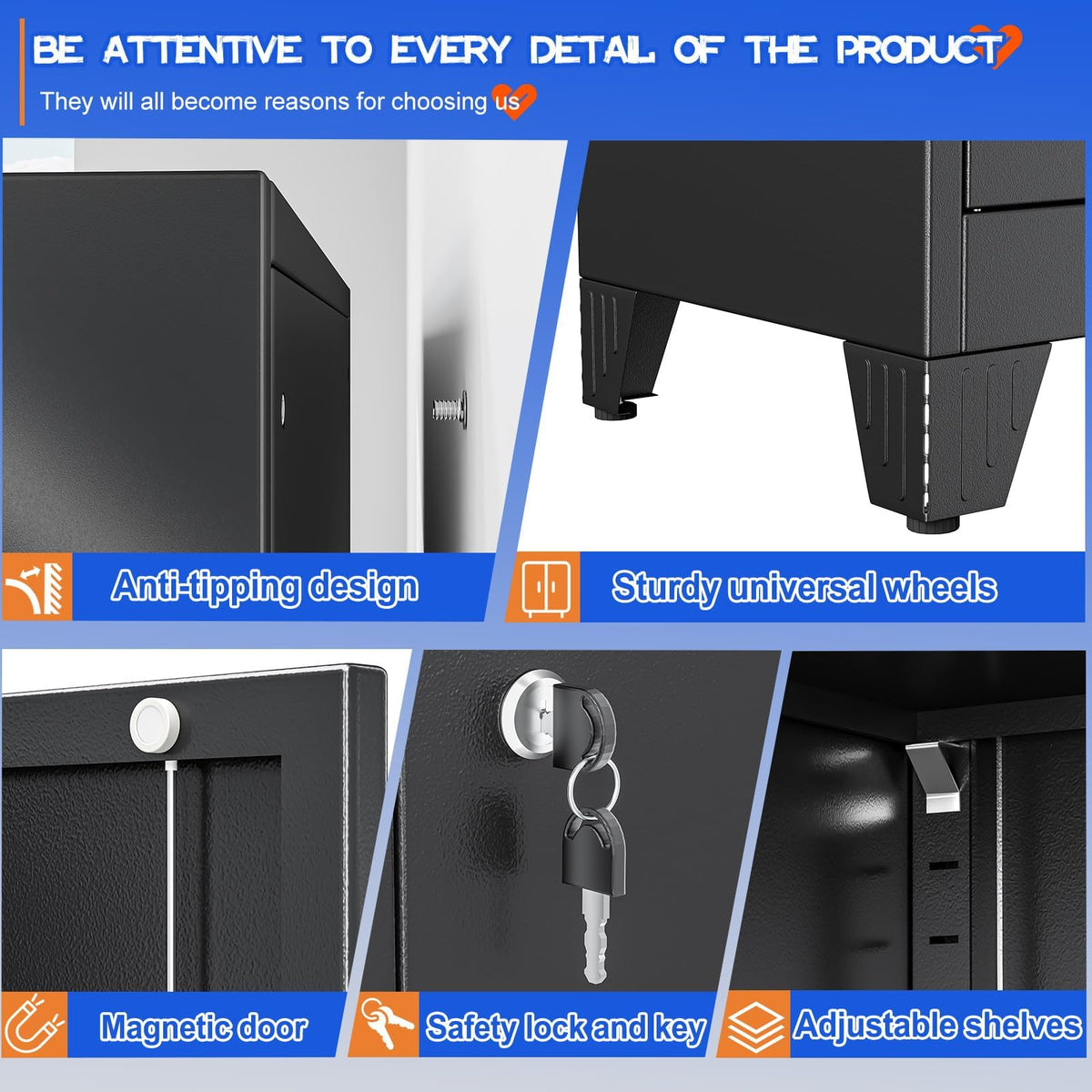 GAIOUS 71" Tall Metal Pantry Storage Cabinet with Lock, File Cabinet Black