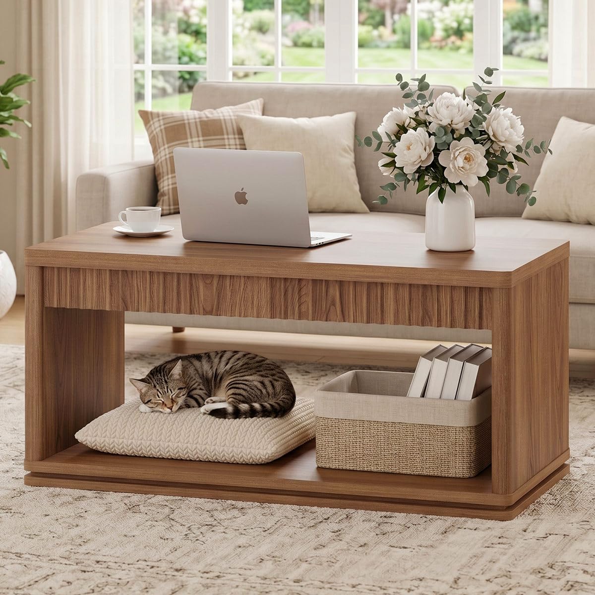 FATORRI Coffee Table with Storage Shelf, 2-Tier Wood Coffee Tables, Farmhouse Rectangular Living Room Center Table with Fluted Panel (Walnut)