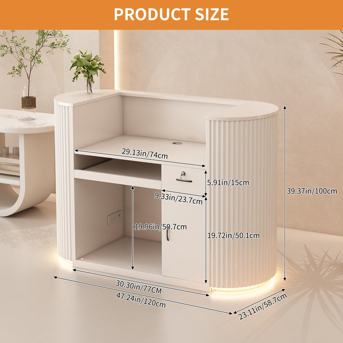 47" Modern Reception Desk with LED Lights, Power Outlet & Storage Cabinet