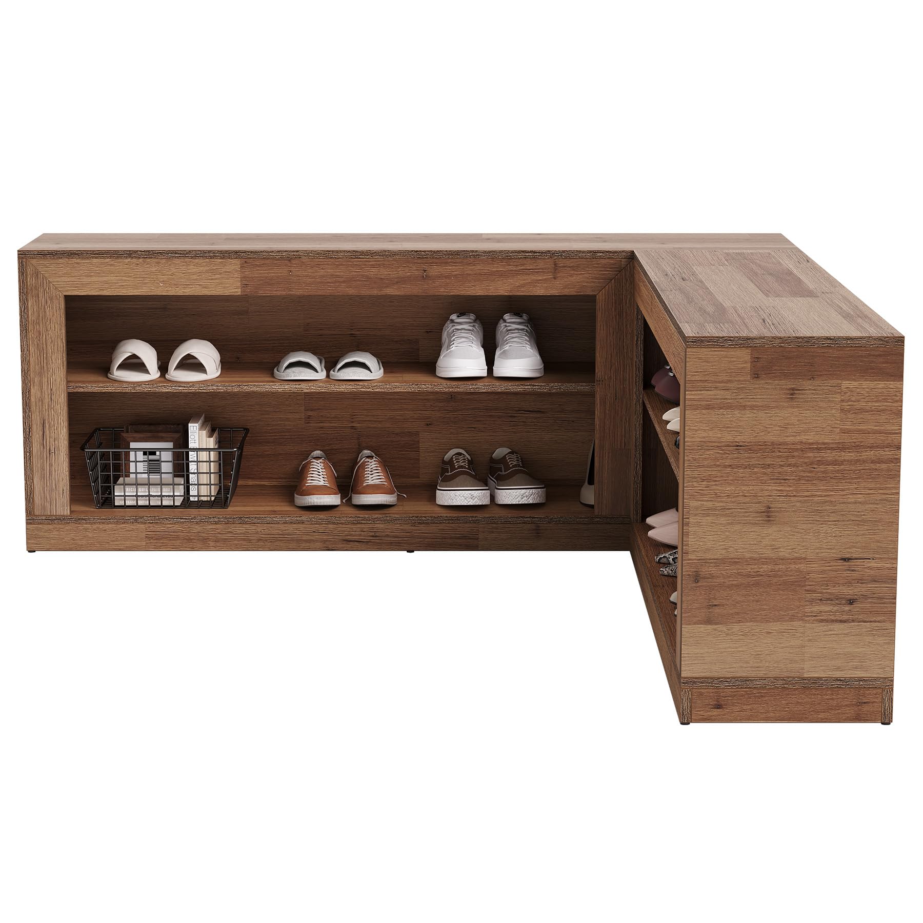 L-Shaped Corner Shoe Bench with Open Storage Shelves