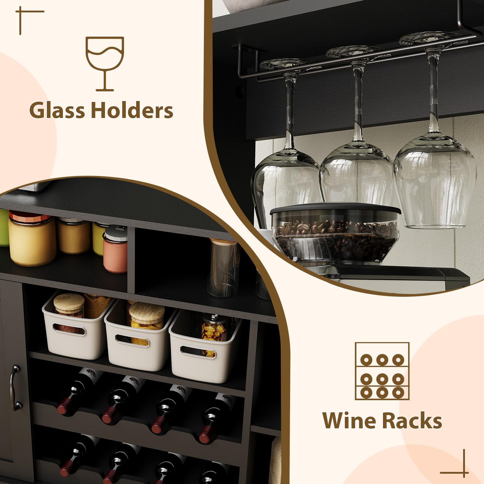 CABIHOME 47" Farmhouse Wine Bar Cabinet with Sliding Barn Door, Rustic Coffee Bar Cabinet, Wine & Glass Rack, Storage Shelves Large Buffet Sideboard Cabinet for Dining Room, Living Room, Kitchen