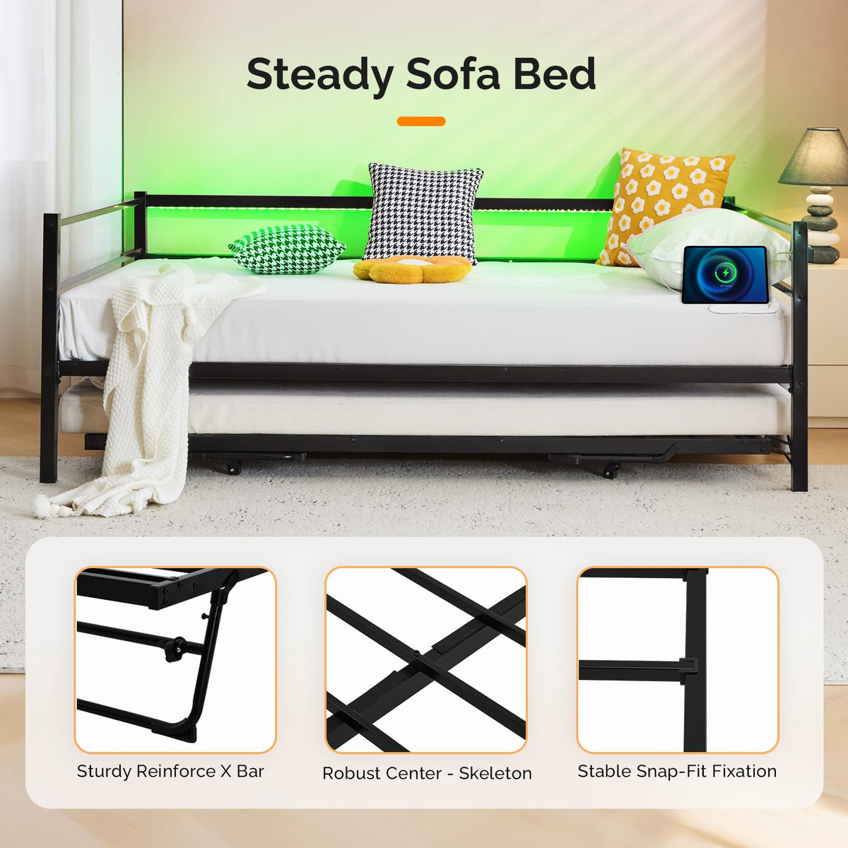 VINGLI Full Metal Daybed with Pop Up Trundle Bed Twin, Sofa Day Bed Frame with Charging Station and LED Lights, Heavy Duty Steel Slats and Pull Out Trundle for Bedroom,Guest Room,Living Room, Black