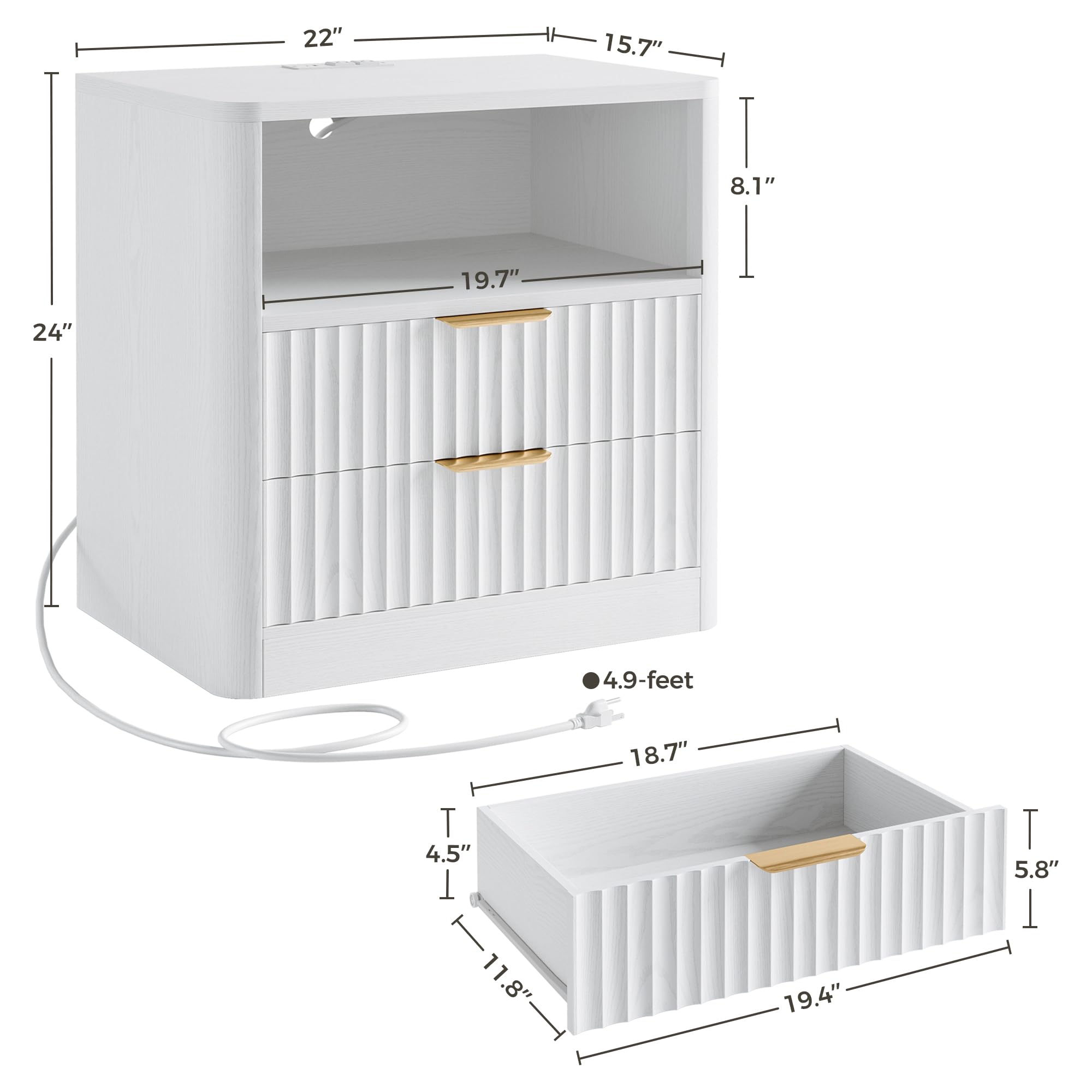 IRONCK Fluted Night Stand Set of 2, Modern Nightstand with Charging Station, Drawers and Open Shelves - Bedside Table Wood Side Table Set for Bedroom, White