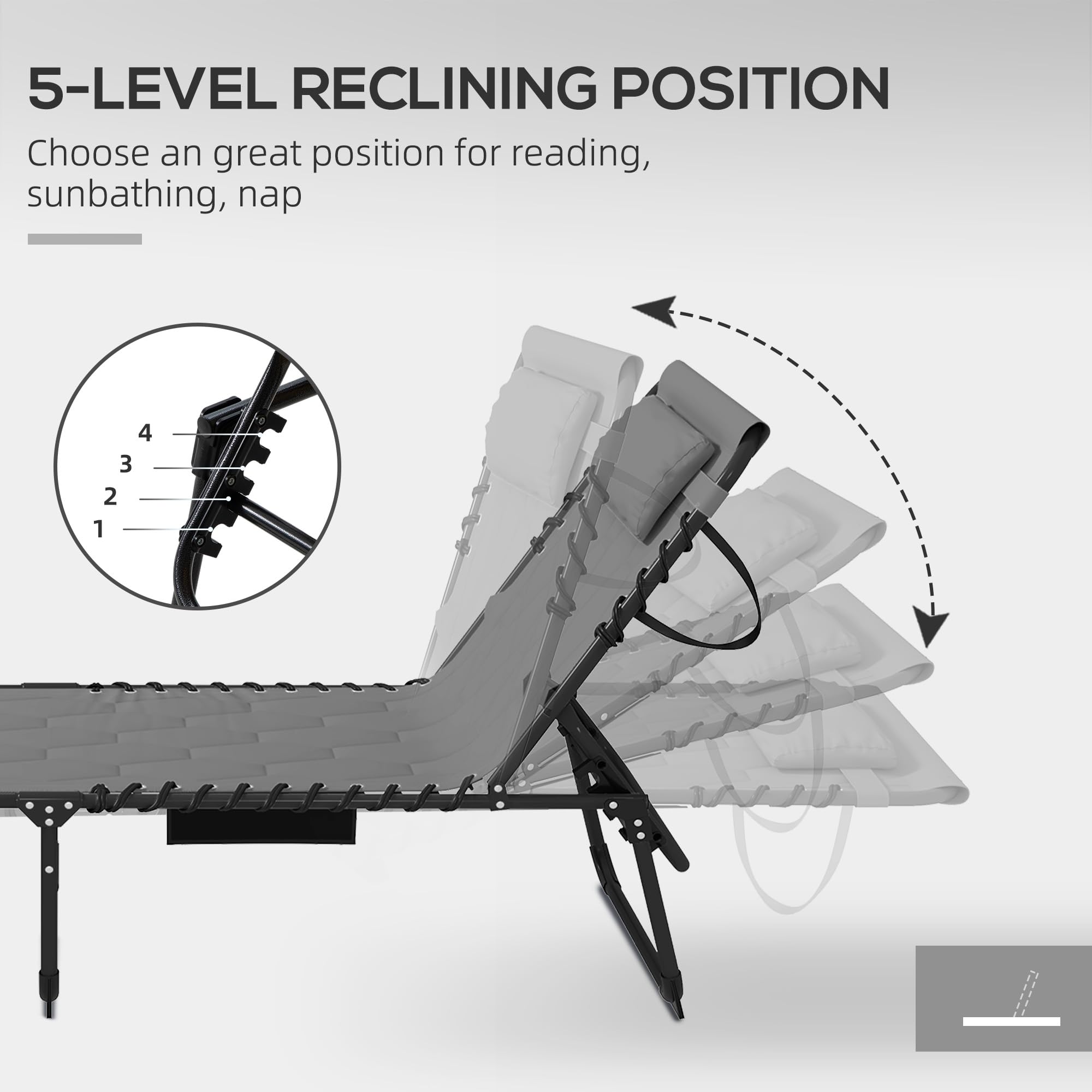 Folding Chaise Lounge Chair Set of 2, 5-Level Reclining with Headrest & Side Pocket