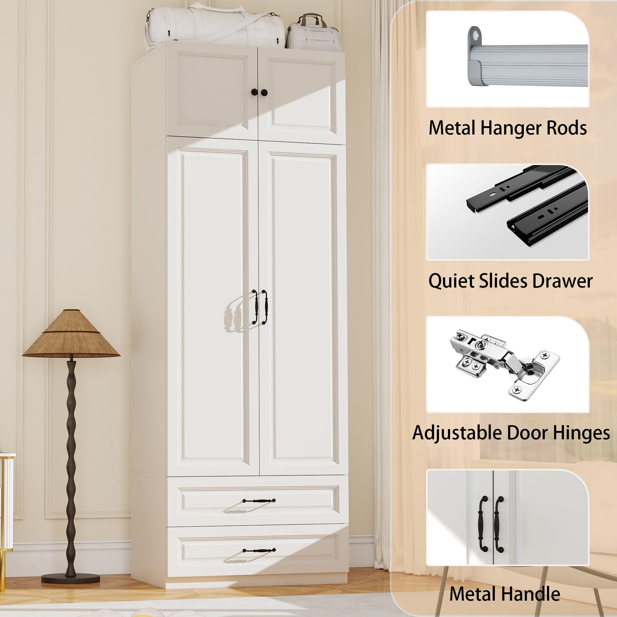 Vrmuxita Armoire Wardrobe Closet with Drawers: Bedroom Armoires with Hanging Rod, Wooden Closet Cabinet for Hanging Clothes, Tall Wardrobes Closets with Doors and Shelves (White, 32")