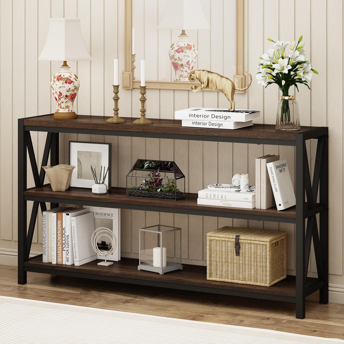 FATORRI Console Table for Entryway, 55 Inch Modern Entry Table with 3 Tier Shelves, Couch Tables Behind Sofa for Living Room, Dark Walnut