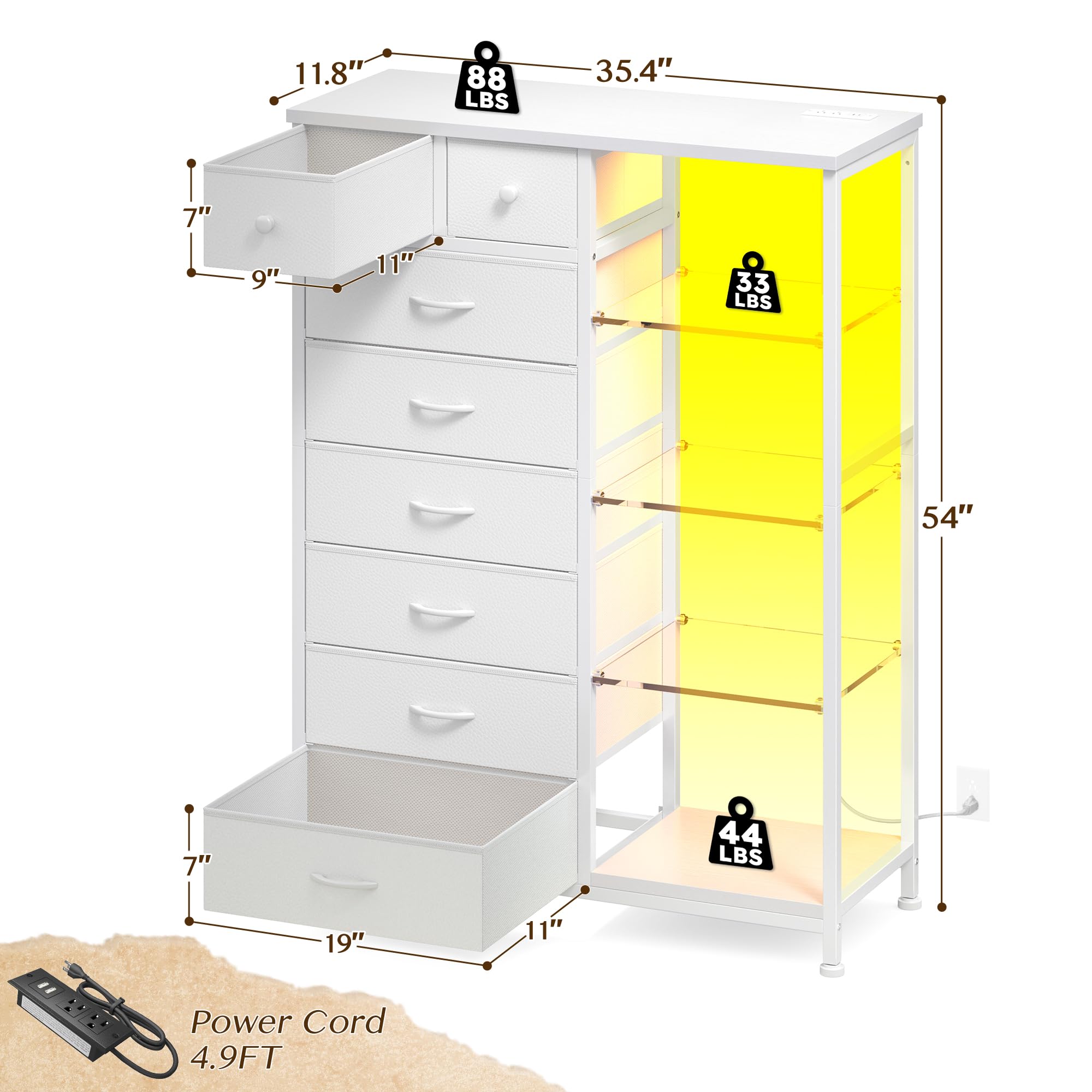 EnHomee 54" H Dresser for Bedroom with LED Lights & Power Outlets Dresser with 8 Drawers Fabric Dressers & Chests of Drawers, Shelves for Bedroom, Sturdy Metal Frame, Acrylic Plates (White)