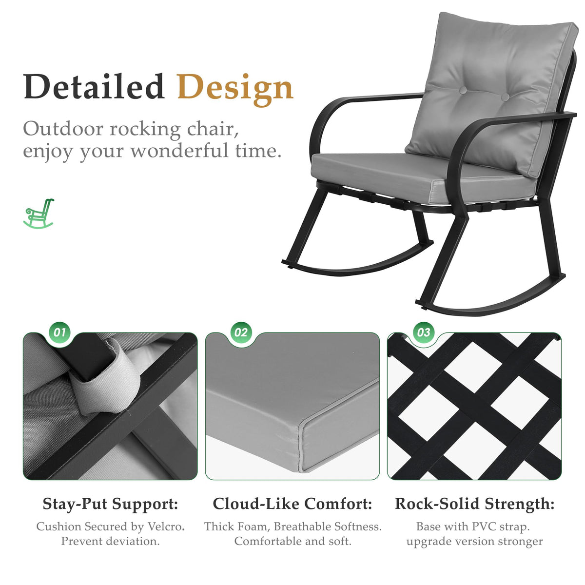 Oakcloud Oakmont Outdoor Furniture 3 Piece Conversation Bistro Set Rocking Chairs and Glass Top Table, Thick Cushions, Black Steel (Grey)
