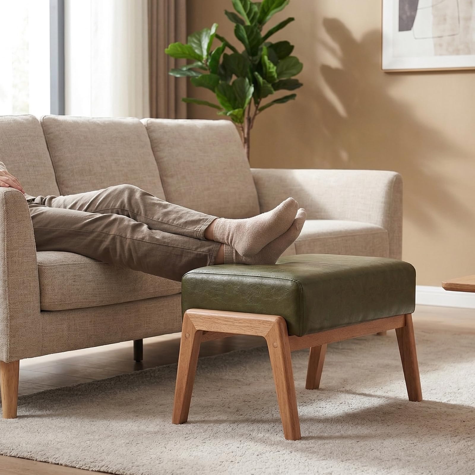 ACONUP Modern Ottoman Foot Stool, Faux Leather Accent Sofa Footrest with Walnut Rubber Wood Frame, Ottoman Bench for Living Room Entryway Bedroom Sofa Seat, Hunter Green