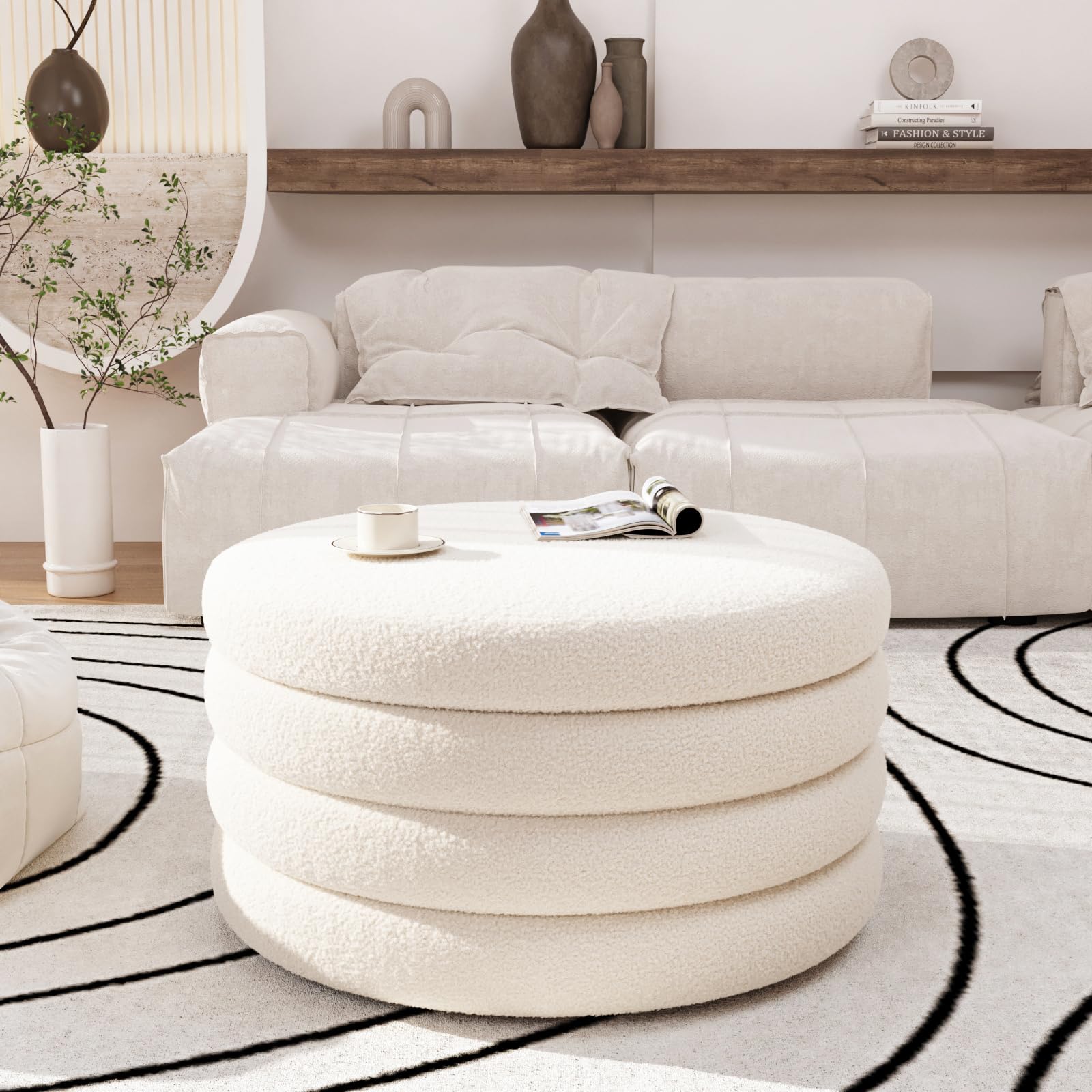Round Sherpa Storage Ottoman with Tray