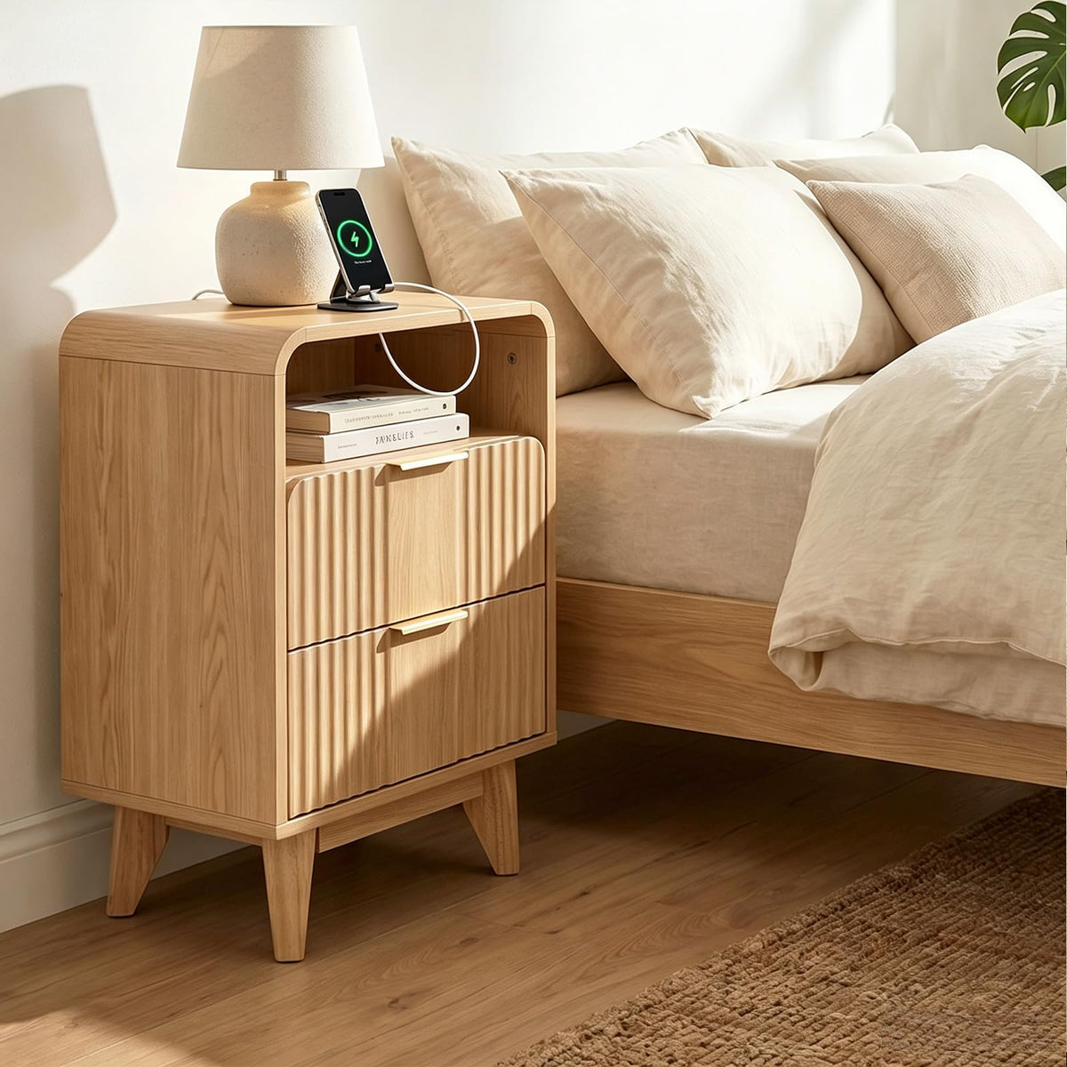 Fluted Nightstand with Charging Station