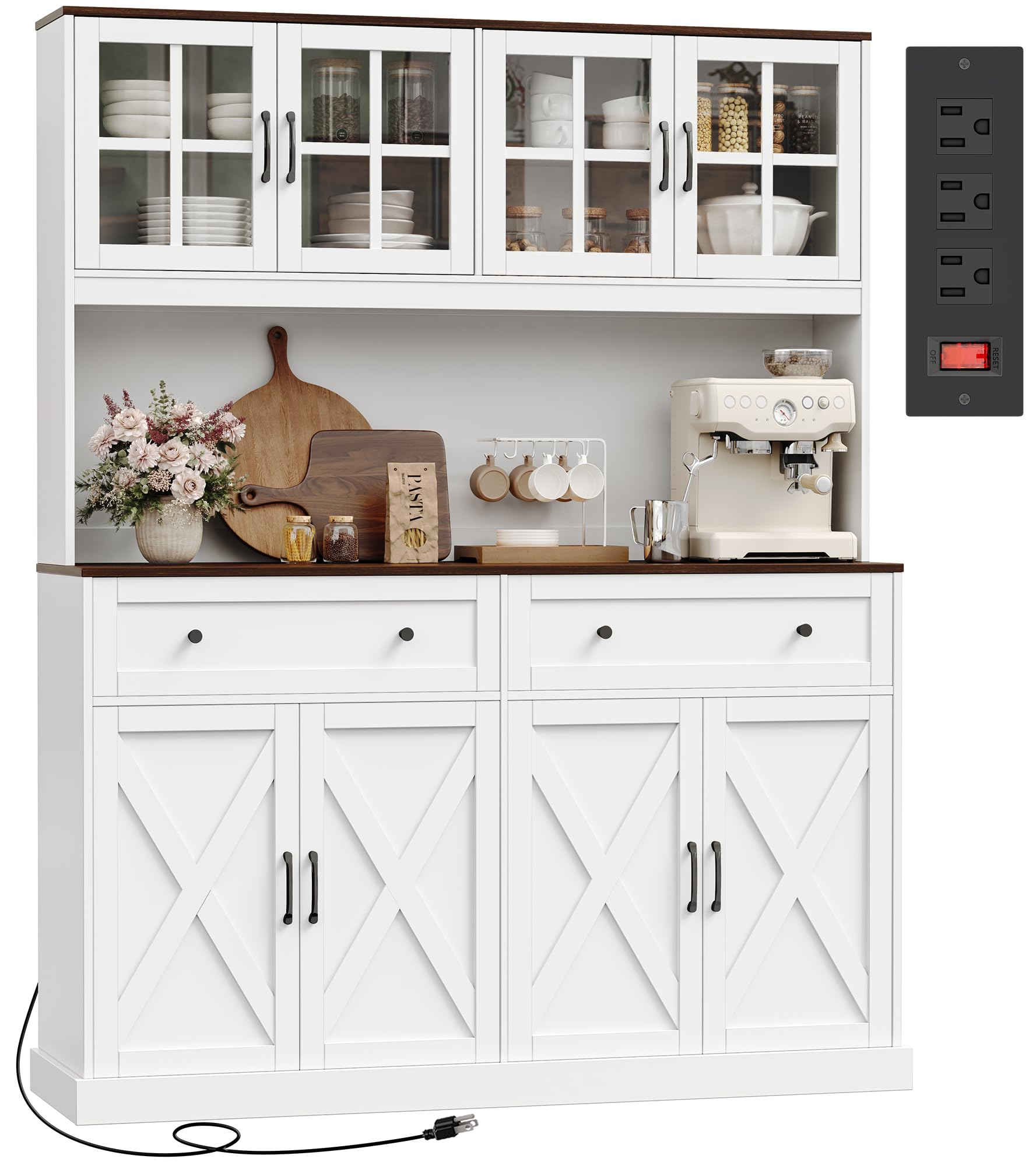 PRAISUN 71''H x 55.1''W Pantry Cabinet with Charging Station, 4 Wide Cabinets Kitchen Pantry with 2 Drawers, Farmhouse Hutch Storage Cabinet, Tall Coffee Bar, Acrylic Door, Adjustable Shelves, White