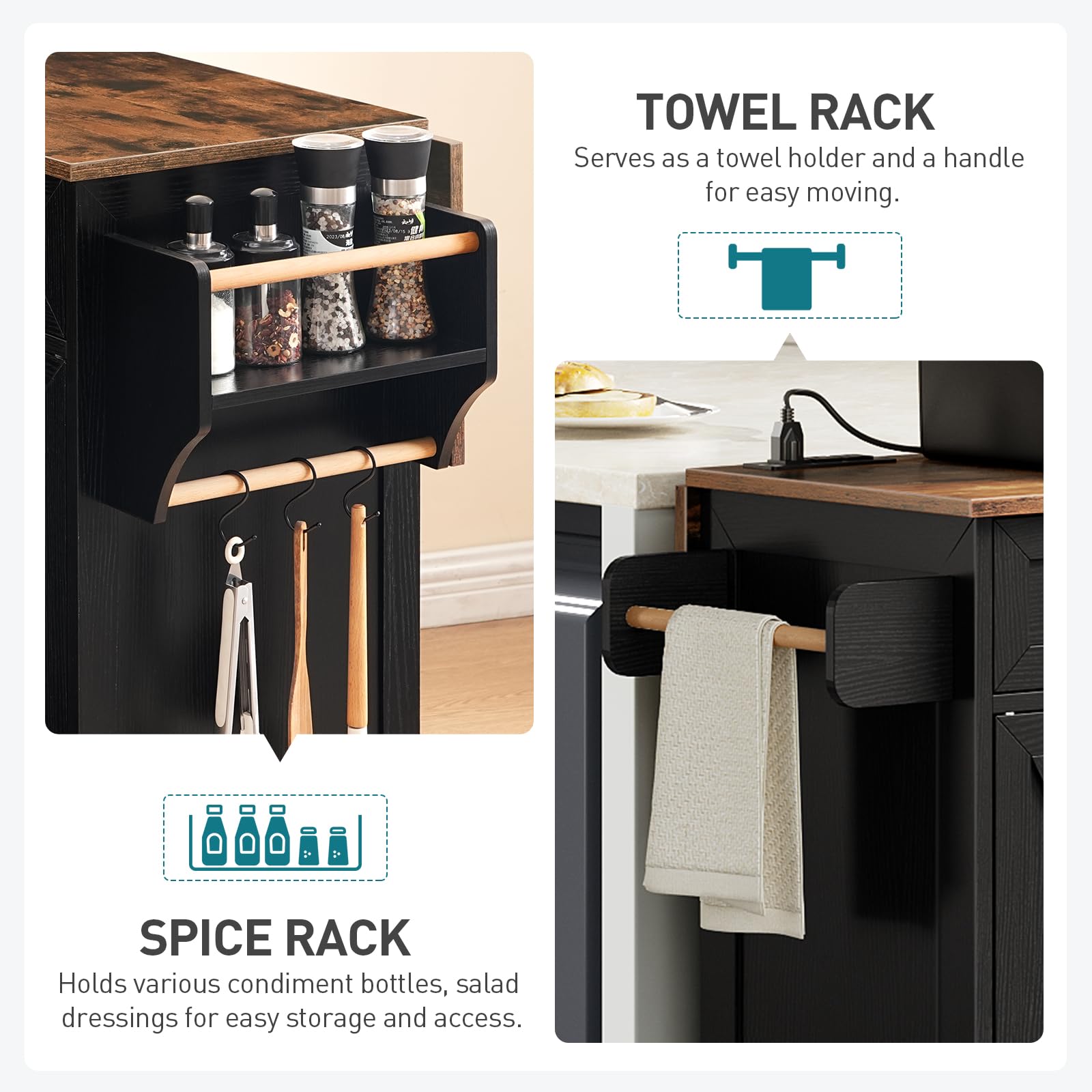 Kitchen Island Cart with Drop Leaf & Power Outlet