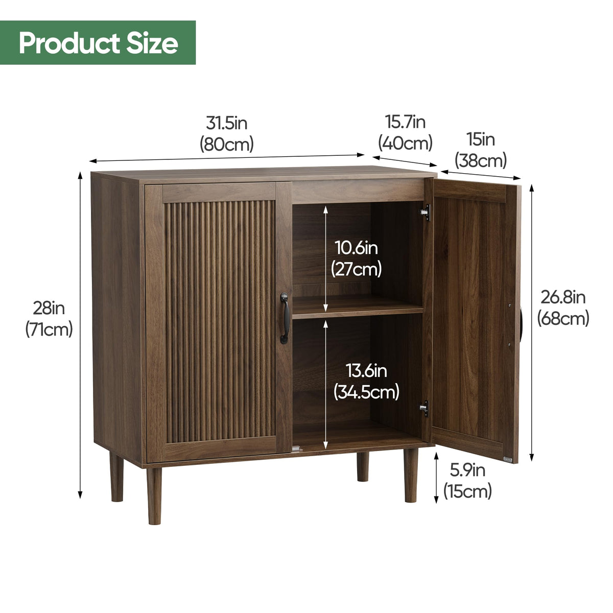 Algherohein Sideboard Cabinet with Adjustable Shelf, Freestanding Small Buffet with Storage, Wooden Console Cabinet with Gradien Fluted Doors for Living Room, Entryway, Console 31.5 in (Walnut)