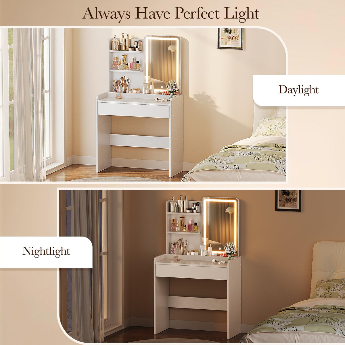 Memobarco White Small Makeup Vanity Desk with Drawer & Storage Shelves