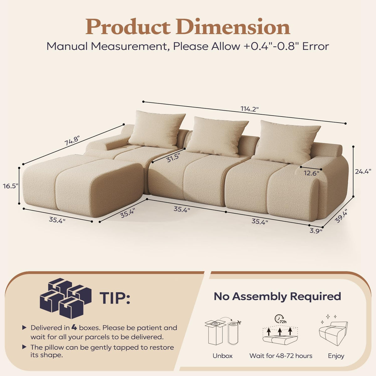 Furnify 114" Cloud-Loaf Modular Sectional Sofa with Ottoman, Modern Cloud Couch for Living Room, 67" Deep Seat L-Shaped Sofa Set, Boneless Comfy Memory Foam Couches, No Assembly, Beige