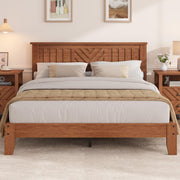 Garvee Wooden Queen Platform Bed Frame with V-Pattern Headboard, Noise-Free Slat Support, No Box Spring Needed, Easy Assembly, 7.8" Under-Bed Storage Space, Light Brown