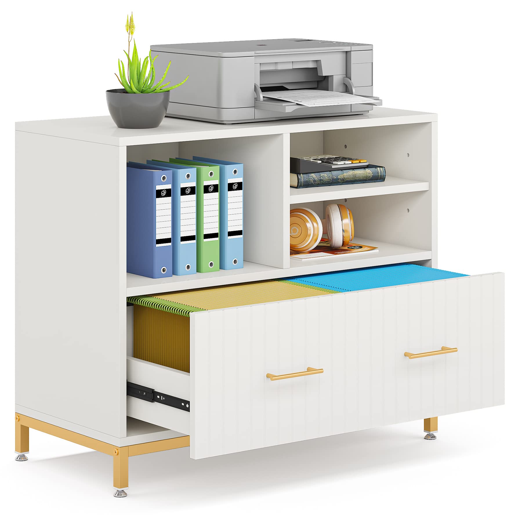White Lateral File Cabinet with Drawer & Printer Stand