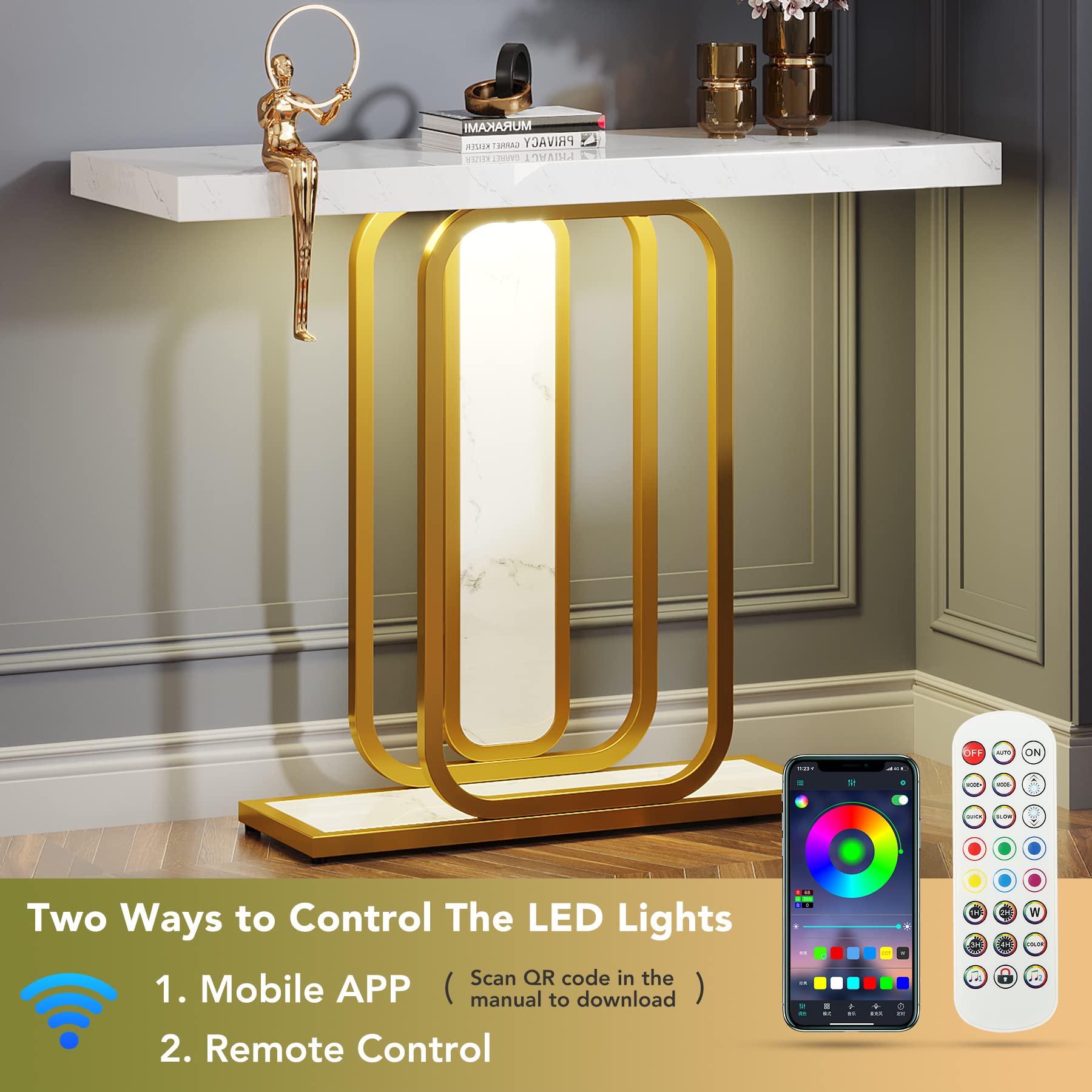 Tribesigns Modern Gold White Console Table with LED Lights, 41.3 Inch Entryway Hallway Foyer Accent Table with Faux Marble Veneer for Living Room, Entrance