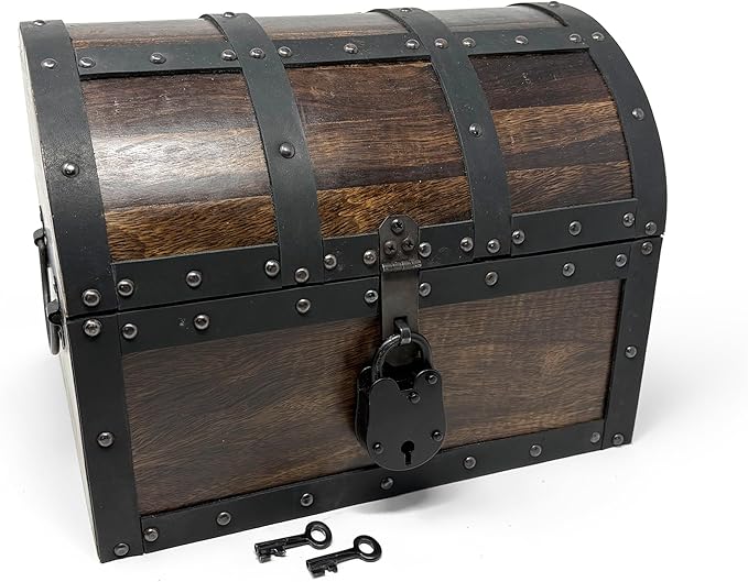 Handmade Wooden Treasure Chest with Leather Accents & Lock