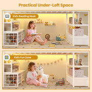 ADORNEVE Low Loft Bed Twin Size with 5 Storage Drawers, Twin Loft Bed with Bookcase & LED Lights, Open Storage Shelves, Metal House Bed with Safety Guardrail & Under-Bed Play Space for Kids, White