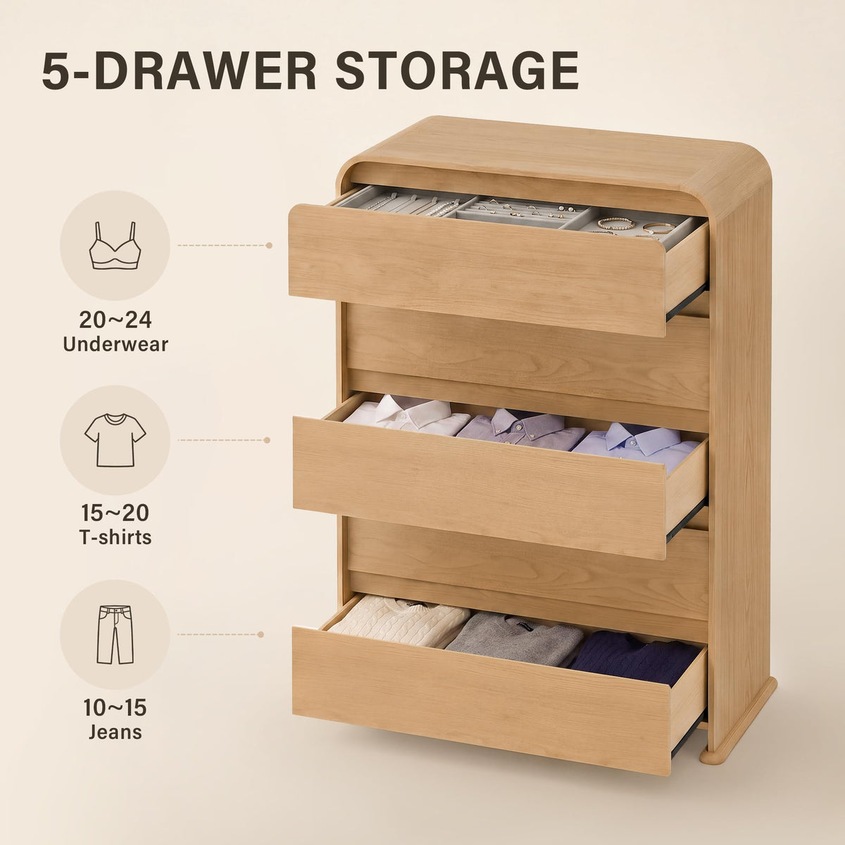 YESHOMY 5-Drawer Dresser for Bedroom, 50.5" Tall Chest of Drawers