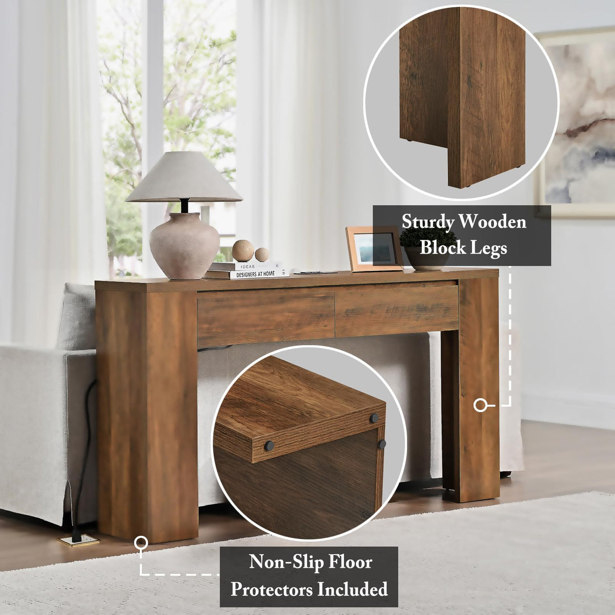 Madison Park Essentials Console Table with Power Outlet & USB Port, 63" Long Narrow Sofa Table with Flip-Top Hidden Storage Shelf, Behind Couch Entryway Hallway Table for Living Room, Warm Brown