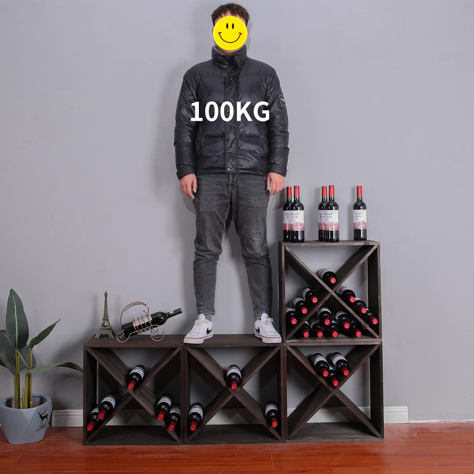 FDHUIJIA Wine Rack Cabinet countertop Wooden Stackable Storage Retro Cube freestanding Floor Wine Bottle Holder Stand(96BottleBlack)