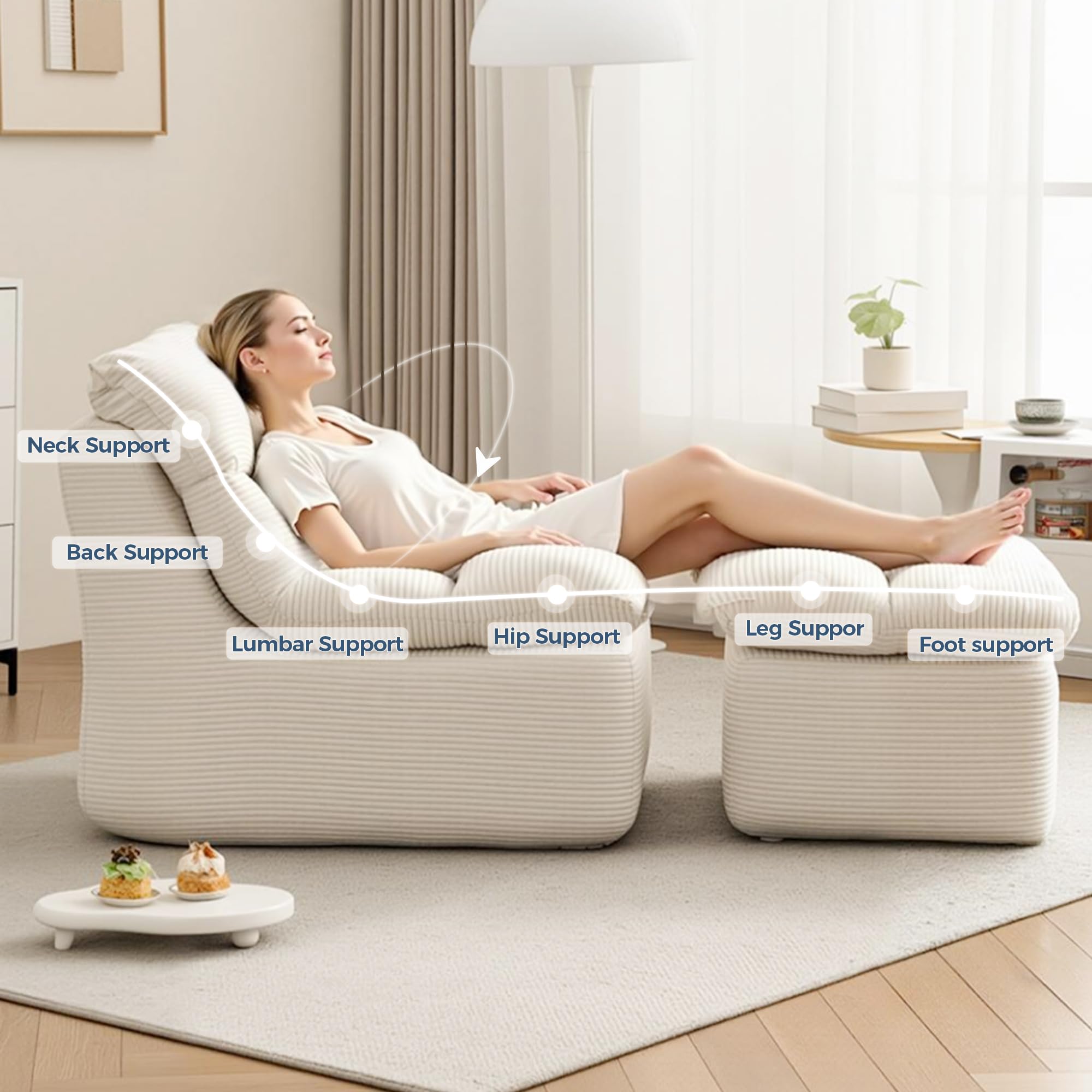 DRKAT 38" Bean Bag Chair with Ottoman, Big Corduroy Chaise Lounge Chairs for Adults, Tufted Upholstered Lazy Sofa for Living Room, Bedroom, Balcony, Beige