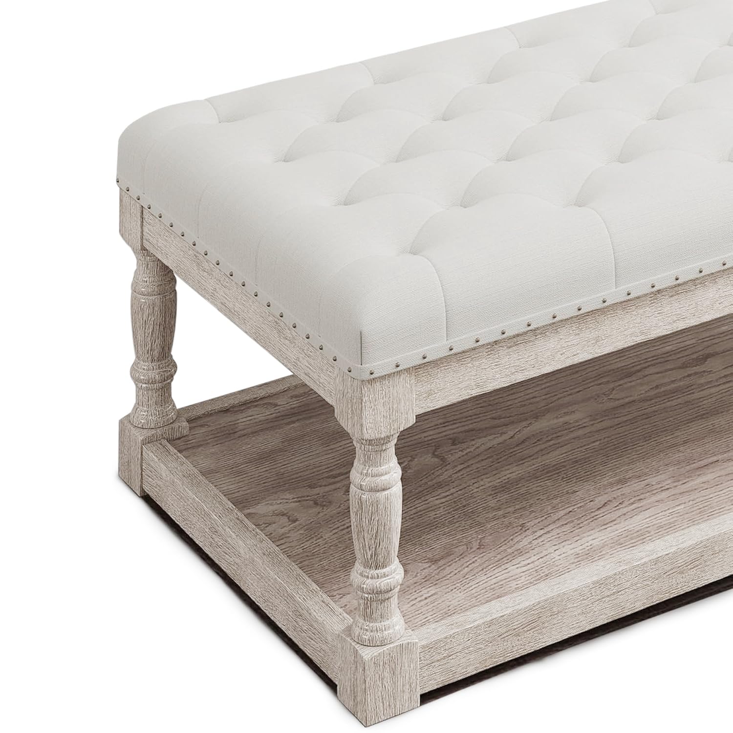Cuzobro Ottoman Coffee Table, Large Rectangle Ottoman with Storage - Upholstered Cushioned Bench for Living Room, Tufted Linen Fabric with Solid Wood Shelf, Entryway Bench (Beige)