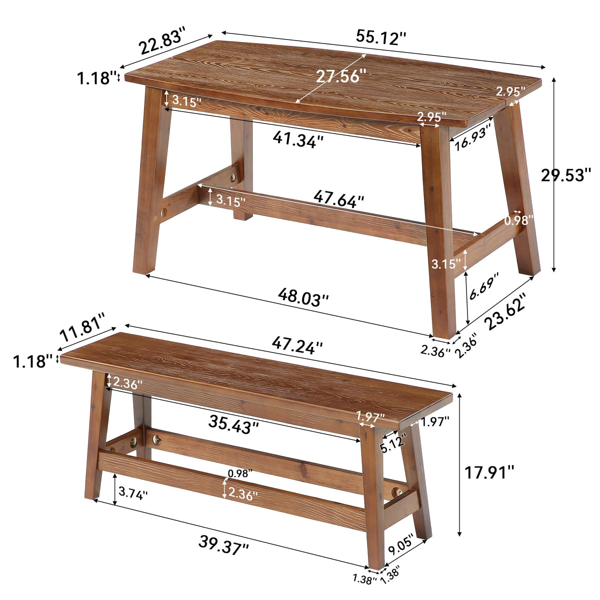 Tribesigns 55-Inch Farmhouse Solid Wood Dining Table Set with 2 Benches